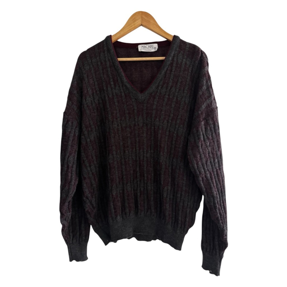Vintage Merino Wool Grandpa Sweater Rib Knit V Neck Made in Canada